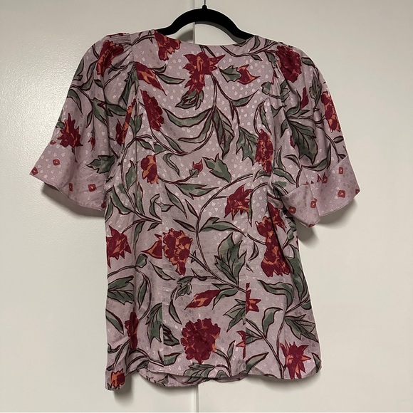 Rebecca Taylor Pink Floral Print Silk Blend V-neck Short Sleeves Blouse Size 4 - Picture 7 of 7